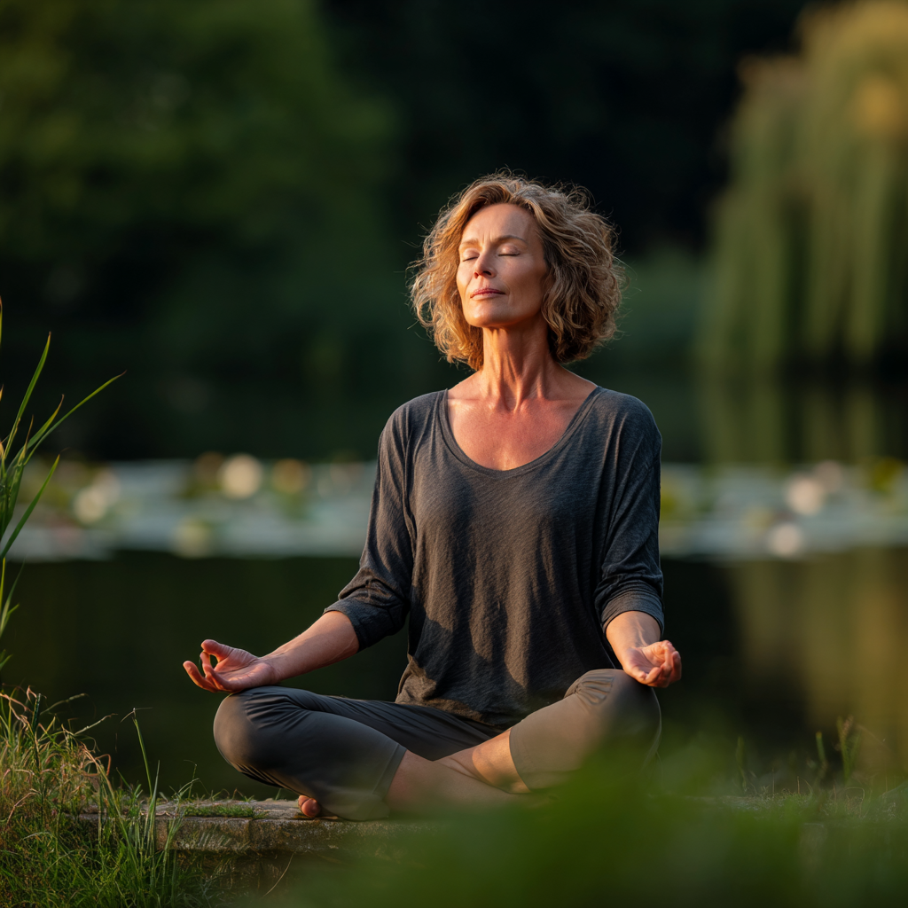 Middle-aged woman practicing gentle yoga poses in peaceful natural setting